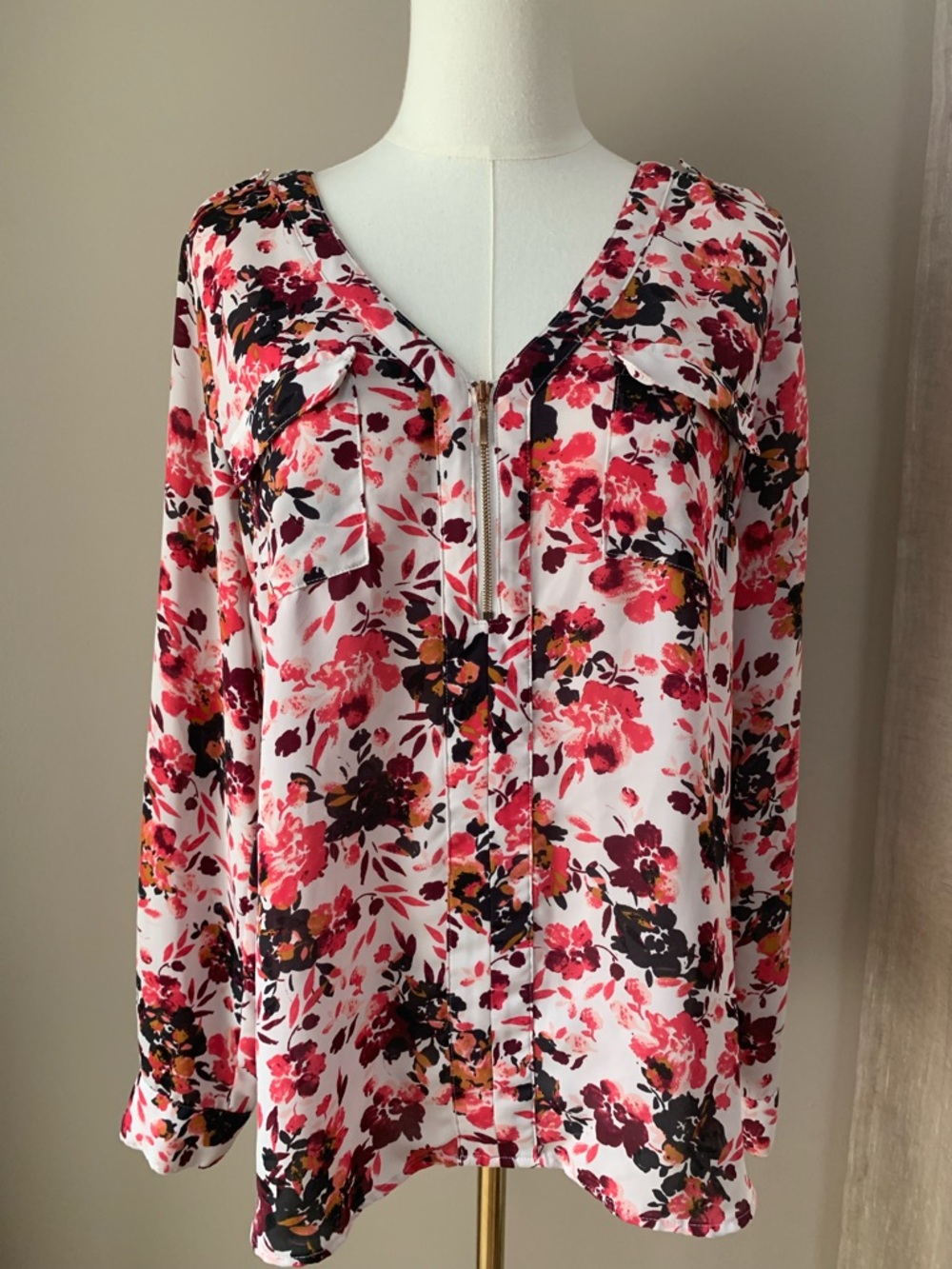 Candies Floral Zip Front Blouse in Pink and Black